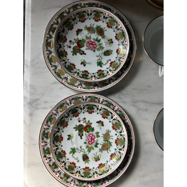 Ceramic Rare Vintage Jingdezhen Famille Rose "Pineapple & Butterfly" Porcelain Teacup Trio Set - 6 Pieces For Sale - Image 7 of 12