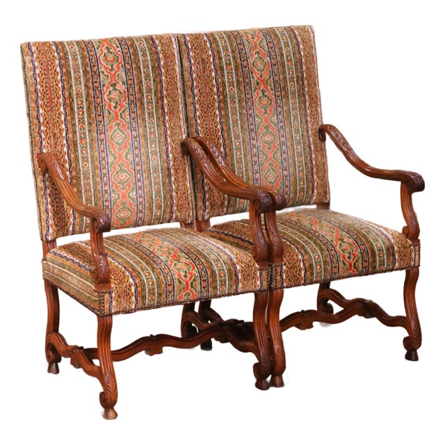 Pair of 19th Century French Louis XIII Walnut Armchairs With Stripe Motifs For Sale