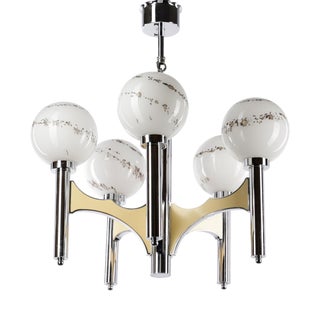 5-Light Chandelier in Chrome with Hand-Painted Glass Lamp Shades by Gaetano Sciolari, Italy, 1960s For Sale