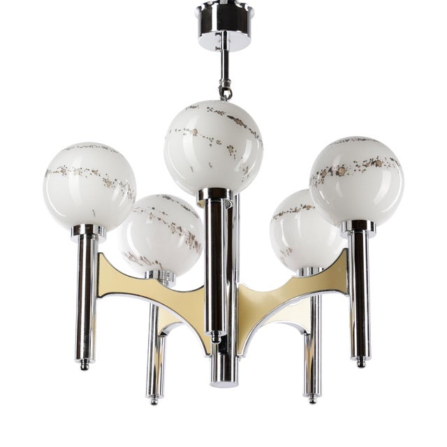 5-Light Chandelier in Chrome with Hand-Painted Glass Lamp Shades by Gaetano Sciolari, Italy, 1960s For Sale