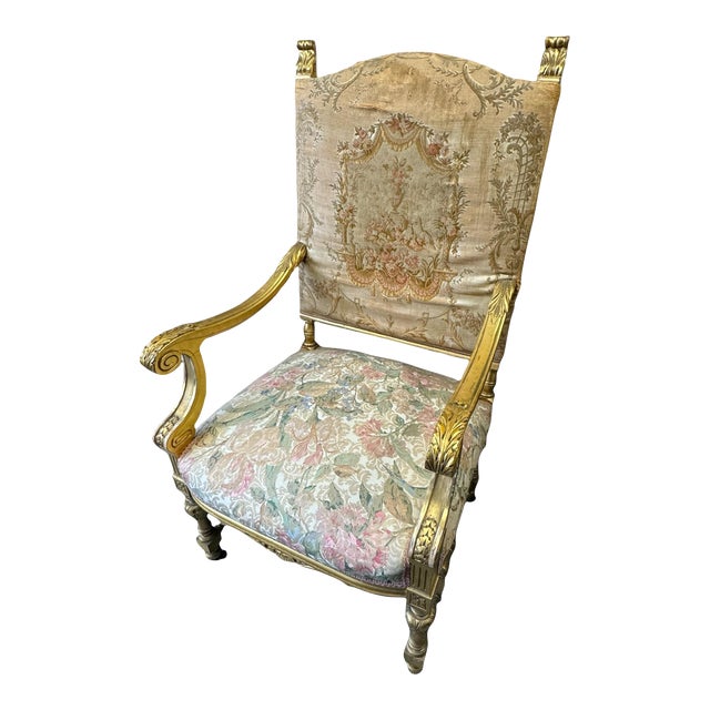 Antique Victorian Louis XVI Style Gilt Wood Fauteuil Throne Tall Back Armchair For Sale
