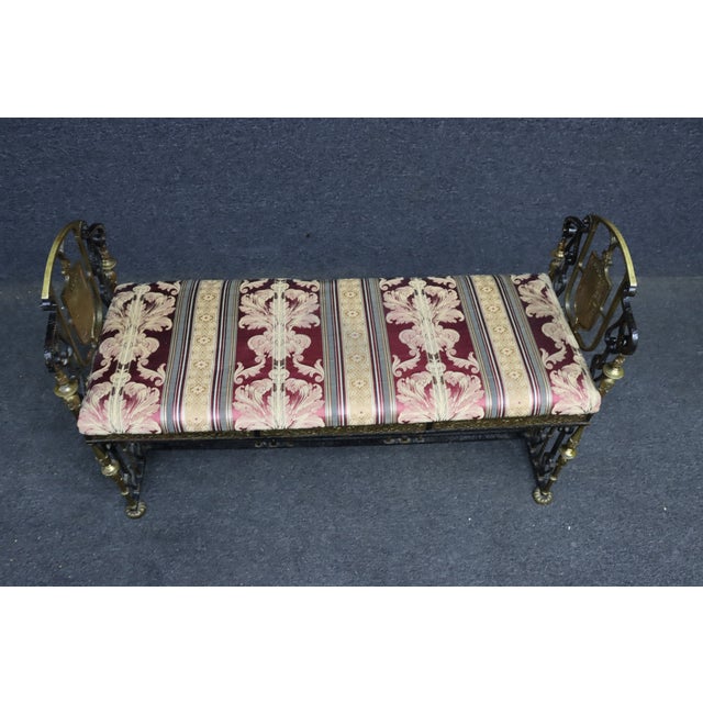 Gothic Oscar Bach Attributed Gilt Bronze and Wrought Iron Upholstered Bench For Sale - Image 3 of 15
