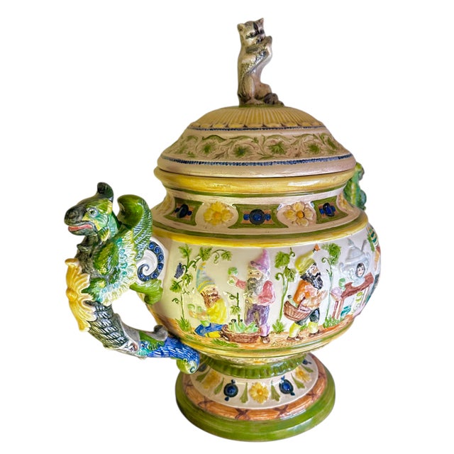 White Vintage Majolica Style Covered Tureen With Gnomes and Wing Gryphon Handles For Sale - Image 8 of 12