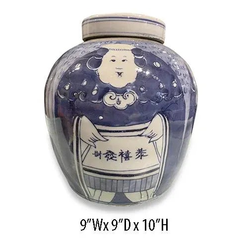 Asian Blue & White 10" Height Ginger Jar with an image of a wealthy lady all around and Chinese Characters. Those...