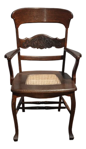 Vintage French Country Brown Oak Side Chair W Cane Seat and Carved Backrest