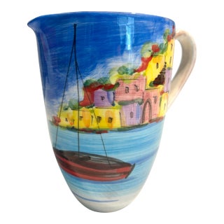 Mid 20th Century Mid-Century Modern Vietri La Fenice Hand-Painted Italian Seascape Ceramic Pitcher For Sale