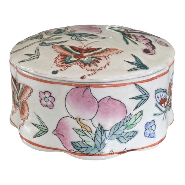 Vintage Chinese Chinoiserie Butterfly Hand Painted Ceramic Porcelain Trinket Dish For Sale