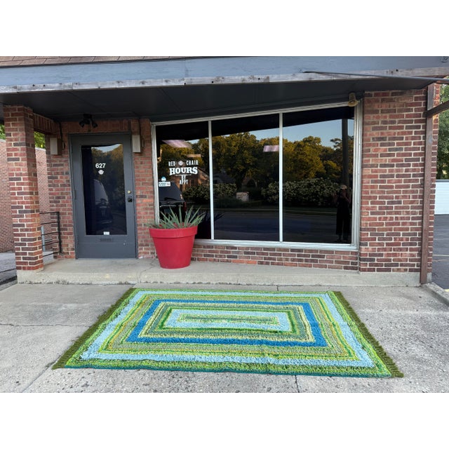 Mid Century Modern Vintage Handmade Shag Textile Blues & Greens Geometric Design For Sale - Image 4 of 12