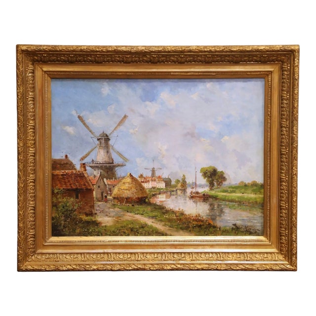 19th Century French Windmill Landscape Oil on Canvas Painting by Gustave Mascart For Sale