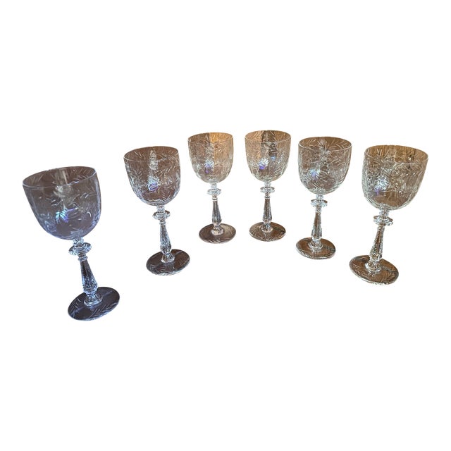 Early 20th Century Rock Sharpe Crystal Wine Glasses in Paisley Pattern- Set of 6 For Sale