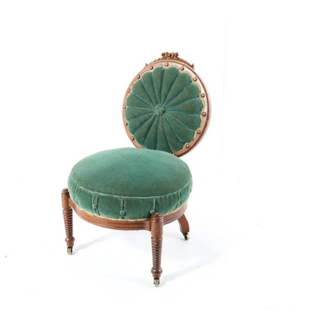 Wood 19th Century Victorian Mahogany Carved Balloon Back Emerald Velvet Chair on Casters- So Charming! For Sale - Image 7 of 8