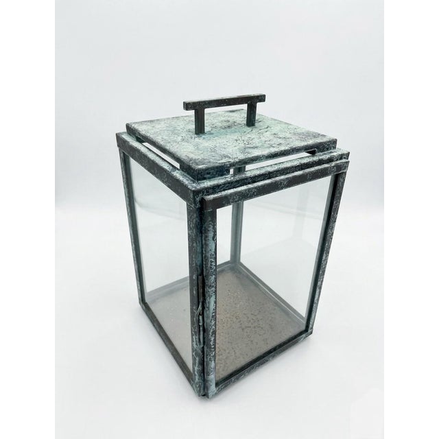 2000 - 2009 Pair of Vintage Metal With Verdigris Bronze Finish Rectangular Lanterns For Sale - Image 5 of 12