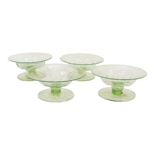Set of 4 Venetian / Murano Green Glass Tazzas or Compotes With Gold Inclusions For Sale