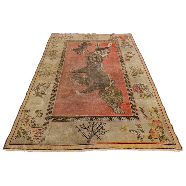 19th Century Antique Samarkand Khotan Rug With Foo Dogs & Auspicious Symbols For Sale In New York - Image 6 of 11