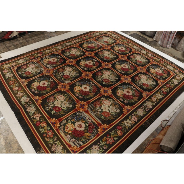 Traditional Antique Needlepoint Rug in Brown, Red and Green Floral Pattern For Sale - Image 3 of 9