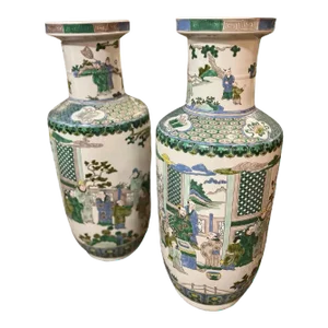 19th Century Chinese Famille Verte Figural Vases With Kangxi Style Mark - A Pair