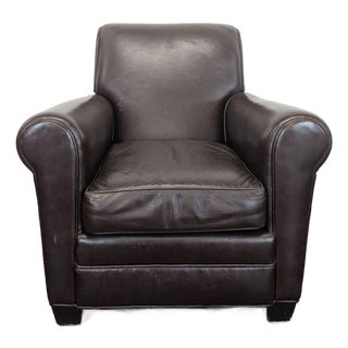 Classic Brown Leather Lounge Chair With Rolled Arms For Sale