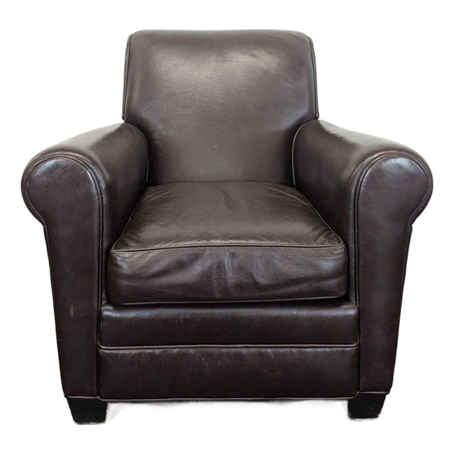 Classic Brown Leather Lounge Chair With Rolled Arms For Sale