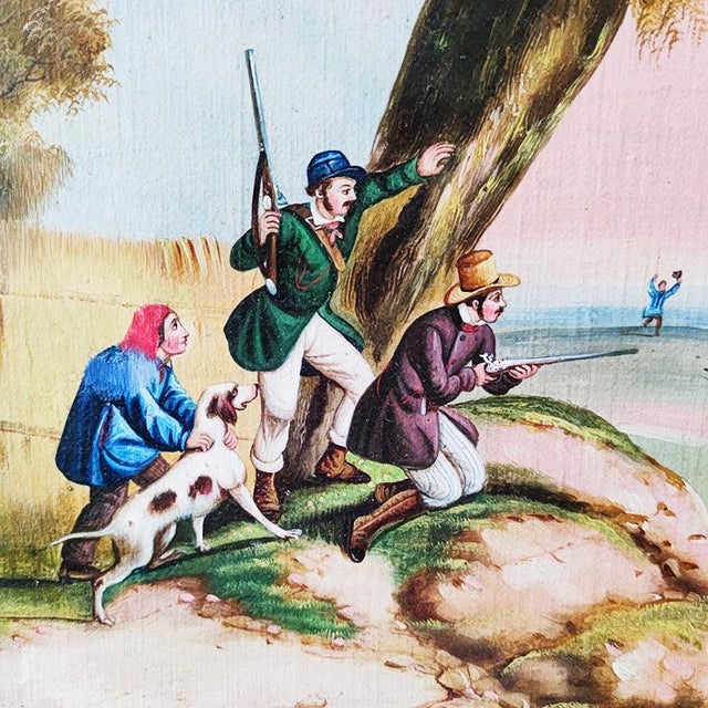 Painting depicting an English countryside landscape enlivened by a fox hunting scene. The composition, typically British...