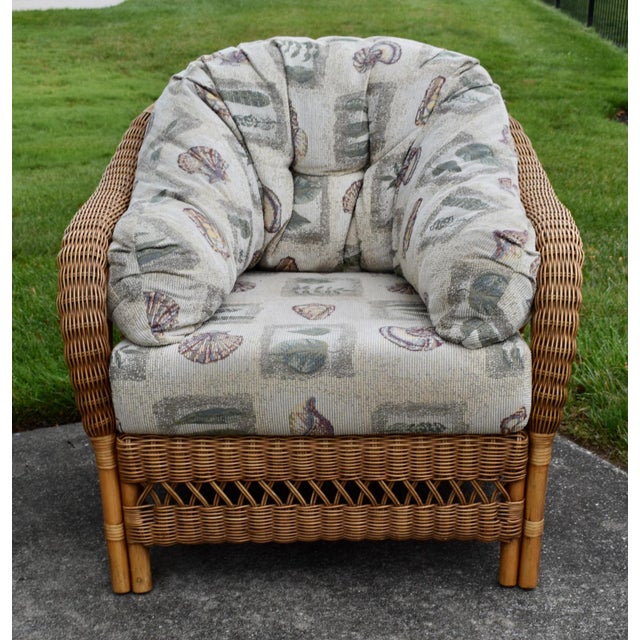 Coastal Braxton Culler Rattan Wicker Lounge Accent Chair & Ottoman Set Coastal Boho For Sale - Image 3 of 16