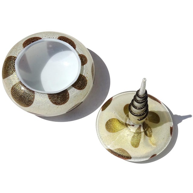 Murano Barbini Vanity Jewelry Powder Box White Black Gold Flecks Spike Vintage Italian Art Glass For Sale In Orlando - Image 6 of 9