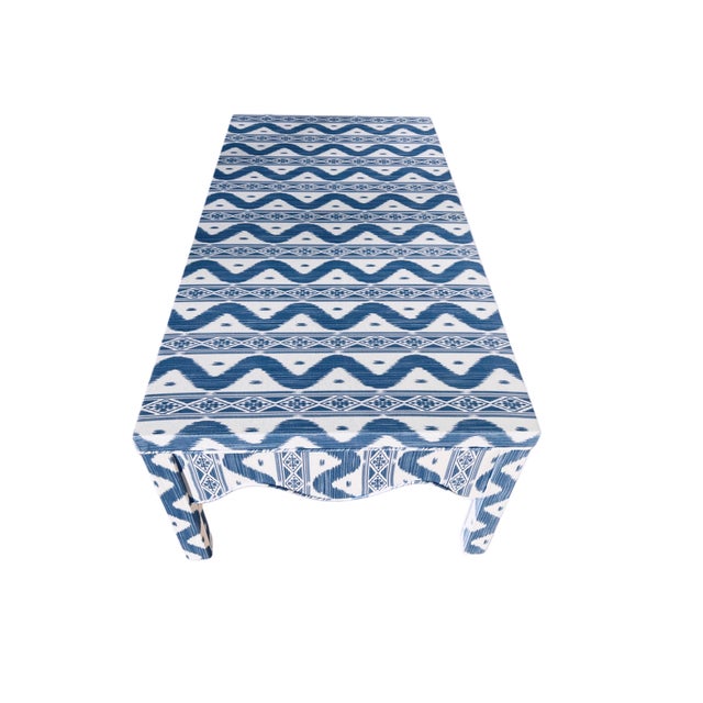 Coastal Custom Scalloped Coffee Table in Blue Ikat For Sale - Image 3 of 16