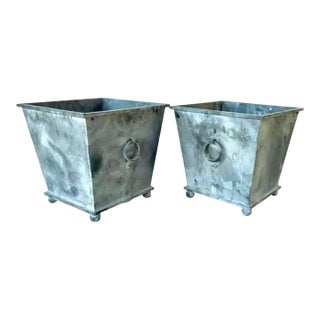 Pair of Neoclassical Metal Planters, Gray Patina For Sale