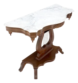 Carved Walnut Lyre Base Victorian Style Marble Top Console Table