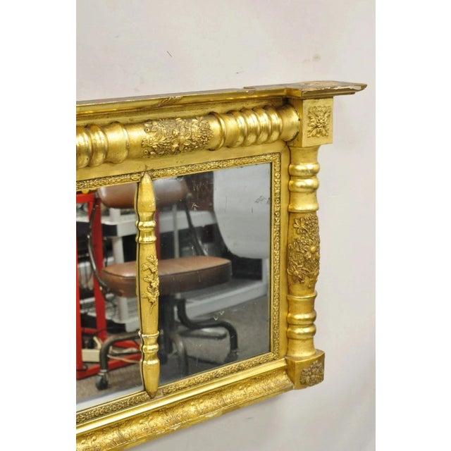 19th Century Antique American Federal Gold Giltwood Overmantle 66" Triple Mirror For Sale - Image 5 of 12