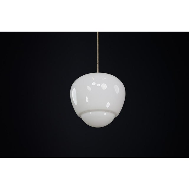 Bauhaus Opaline and Bakelite Pendant Lamp, Czech Republic, 1950s For Sale - Image 4 of 9