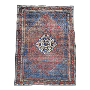 19th Century Hand-Knotted Persian Bidjar, Geometric Pattern in Red, Blue, Ivory