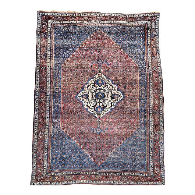 Vintage Bidjar Oversize Rug, Handwoven Geometric Pattern, Blue & Red, 10’ X 15’ For Sale