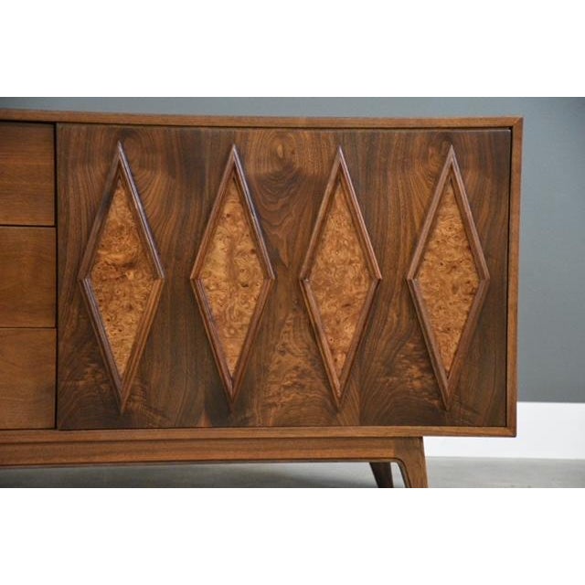 Brown 1960s Refinished Walnut Star Long 76” Dresser by Young Manufacturing For Sale - Image 8 of 11
