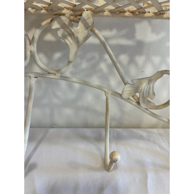 Vintage White Wrought Iron Wall Shelf With Hooks, Ornate Lattice and Floral Detail For Sale - Image 10 of 14
