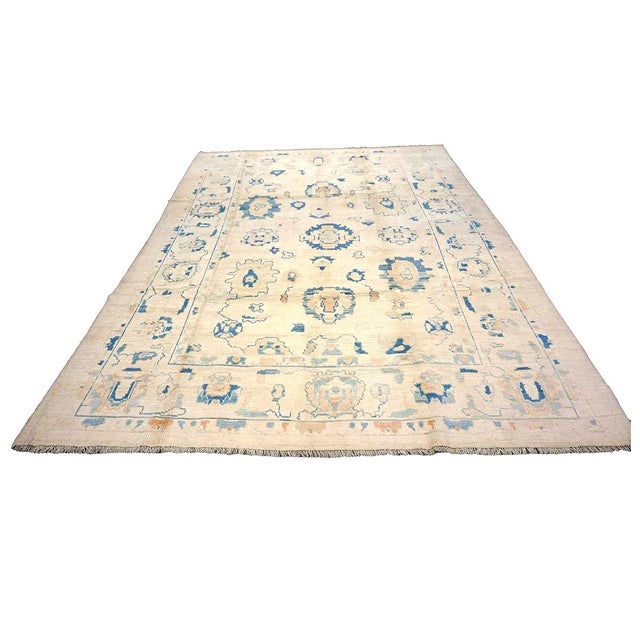 21st Century Turkish Oushak Wool 8x11 Ivory & Blue Handmade Area Rug #1144190 For Sale - Image 4 of 5