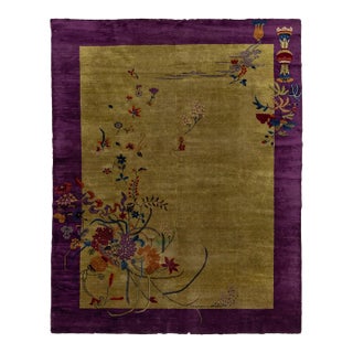 Antique 1920s Art Deco Chinese Rug in Chartreuse Olive and Imperial Violet 9x12 For Sale