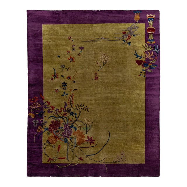 Antique 1920s Art Deco Chinese Rug in Chartreuse Olive and Imperial Violet 9x12 For Sale