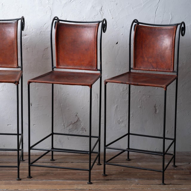 Spanish Spanish Hacienda Wrought Iron & Leather Counter Stools, 1960s For Sale - Image 3 of 18