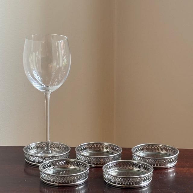 Mid-Century Silver-Plated Gallery Rim Glass Coasters – Set of Five For Sale - Image 4 of 10