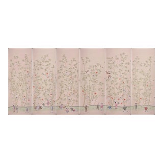 Blush Pink Chinoiserie Mural | 6-Panel Hand-Painted Bamboo & Children Wallpaper For Sale