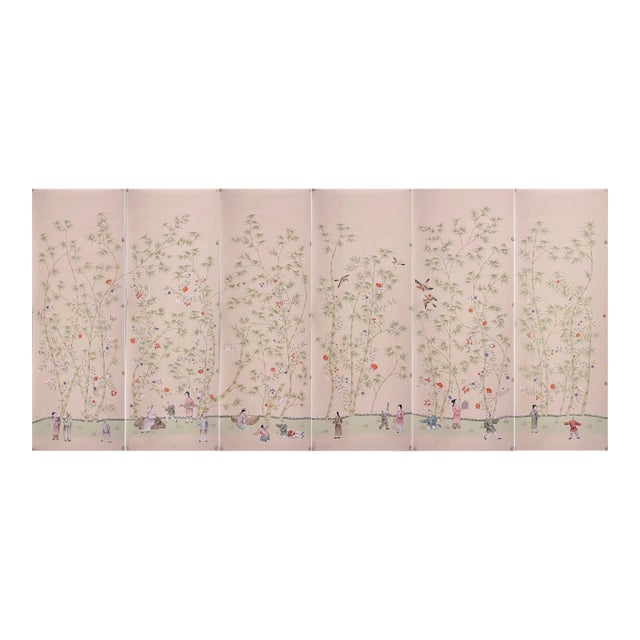 Blush Pink Chinoiserie Mural | 6-Panel Hand-Painted Bamboo & Children Wallpaper For Sale