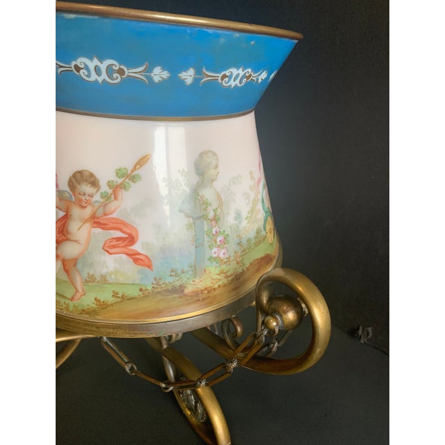 Large Antique French or Austrian Figural Art Glass Cache Pot Jardiniere in Bronze Cradle Stand & Bronze Rim For Sale - Image 11 of 14