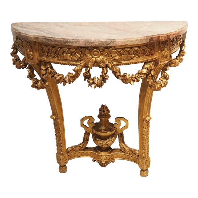 Antique Louis XVI Style Giltwood Console With Gray Rose Marble Top, C. 1860 For Sale