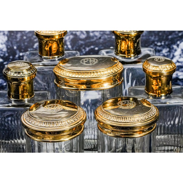 Art Deco Gilded Age Antique Vanity Dressing Set Leather Case French Sterling Silver Jar Scent Perfume Bottle Brushes Grooming For Sale - Image 3 of 18