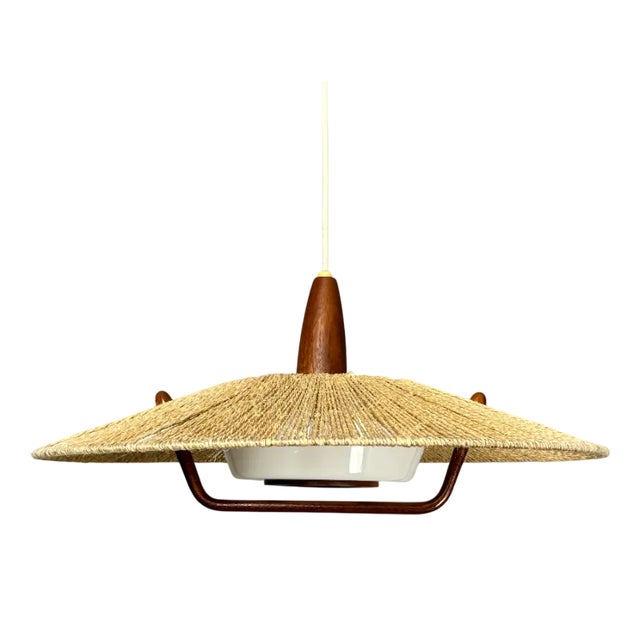 Large Mid-Century Teak and Sisal Cord Pendant from Temde Leuchten, 1960s For Sale