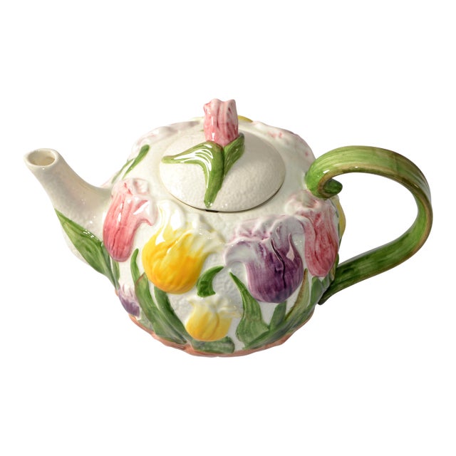 1993 Vintage Fitz & Floyd Majolica Ceramic Embossed Tulip Flowers Tea Coffee Pot For Sale