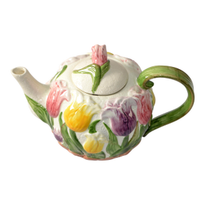 1993 Vintage Fitz & Floyd Majolica Ceramic Embossed Tulip Flowers Tea Coffee Pot