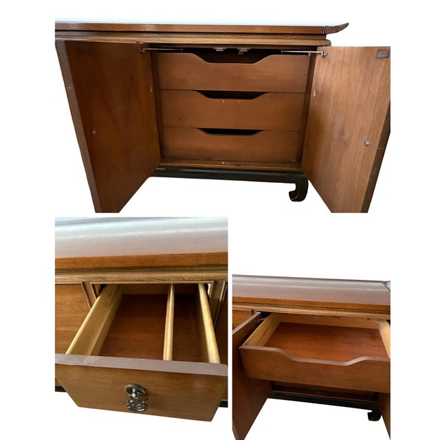 Kent-Coffey “Amerasia” Walnut Triple Dresser With Original Mirror, Mid-Century Modern For Sale - Image 11 of 12