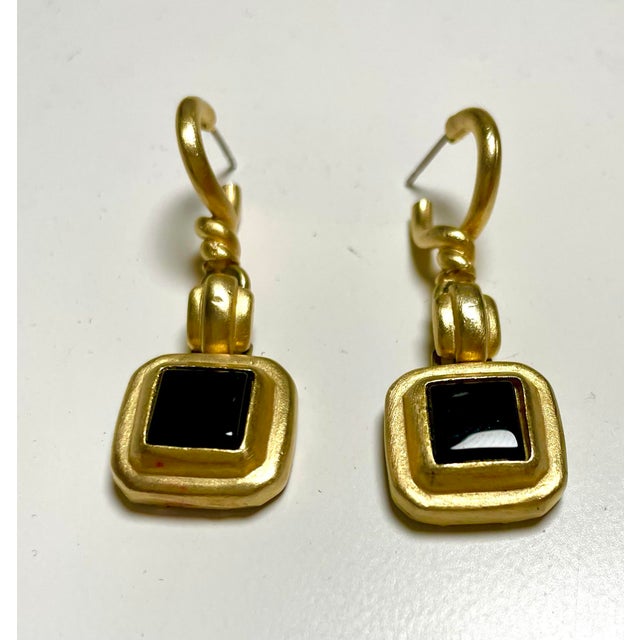 1990s Roxanne Assoulin Gold Etruscan Drop Earrings and Black Onyx - 2 Pieces For Sale - Image 4 of 4