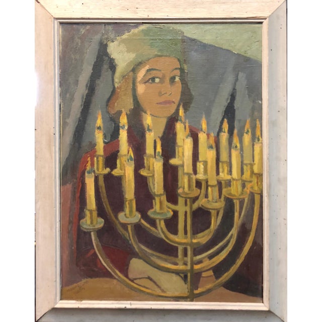 1950s Hildegard Rath, 1950's Expressionist Judaica Painting "I Lit All My Candles" Hanukkah Menorah, 1952 For Sale - Image 5 of 7